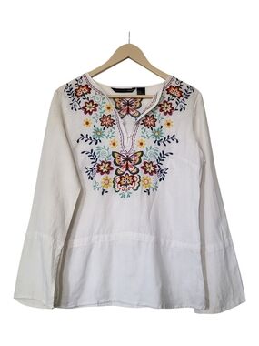 Embroidered 100% Linen  Butterfly Floral White Women's Peasant Top